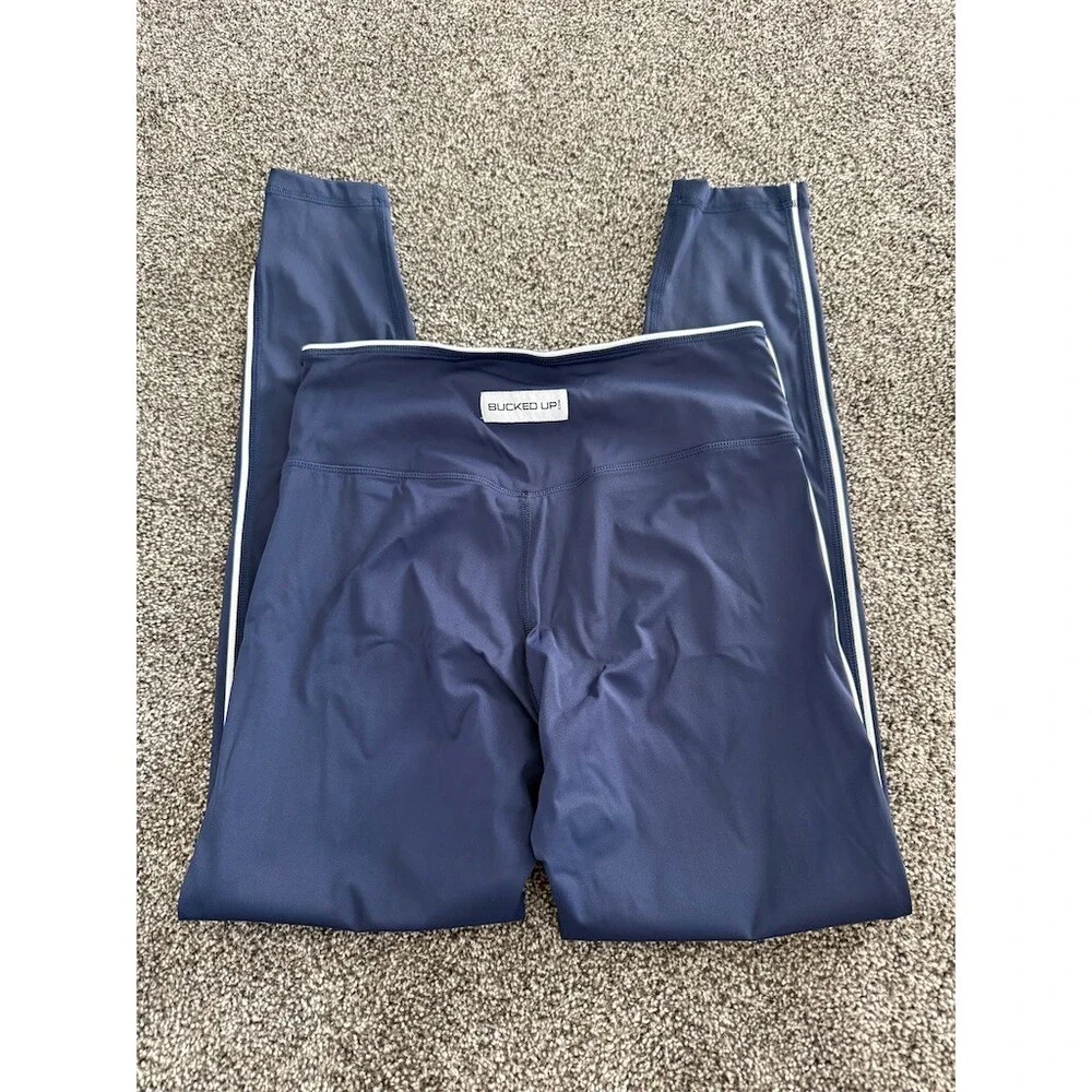Bucked Up Leggings Womens Size L Navy Blue High Waist White Side Stripe